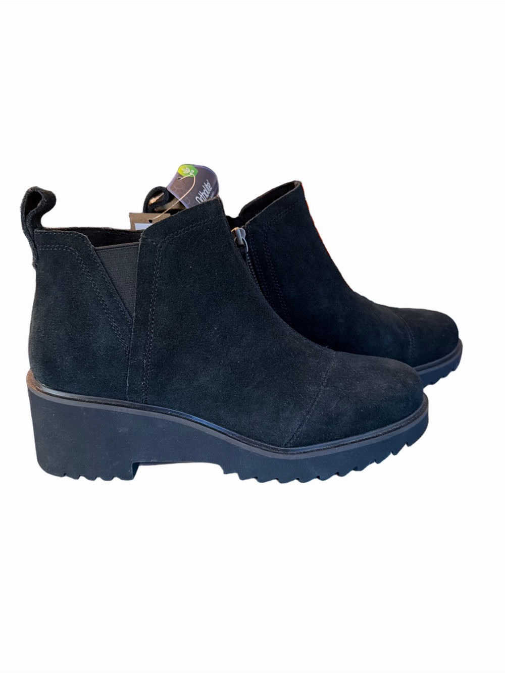 NIB Toms Maude Black Suede Lug Sole Wedge Ankle Booties. Size 10